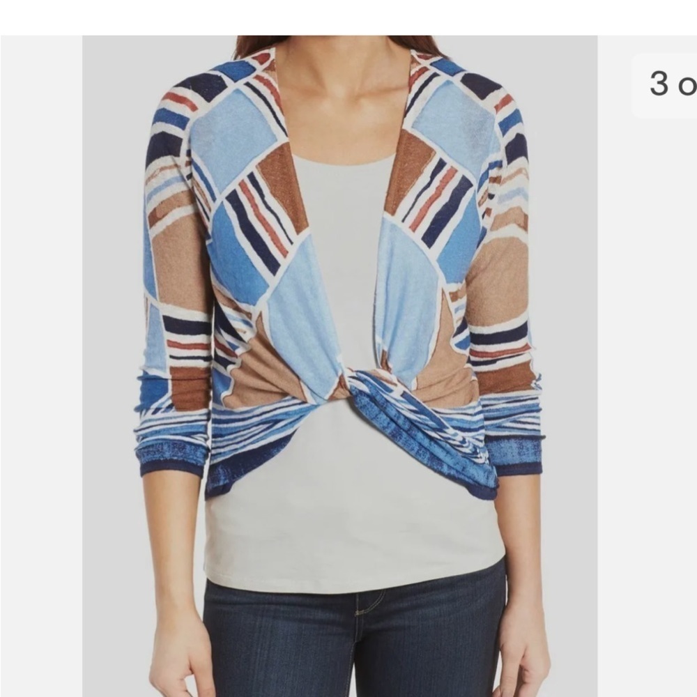 NIC & ZOE SEAGLASS abstract linen open front drapery light cardigan 1X NWT